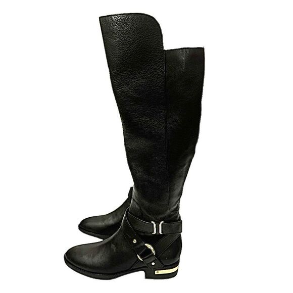 Vince Camuto Knee-High Black Leather Boots Gold Hardware Size 5M Zip - Picture 9 of 10